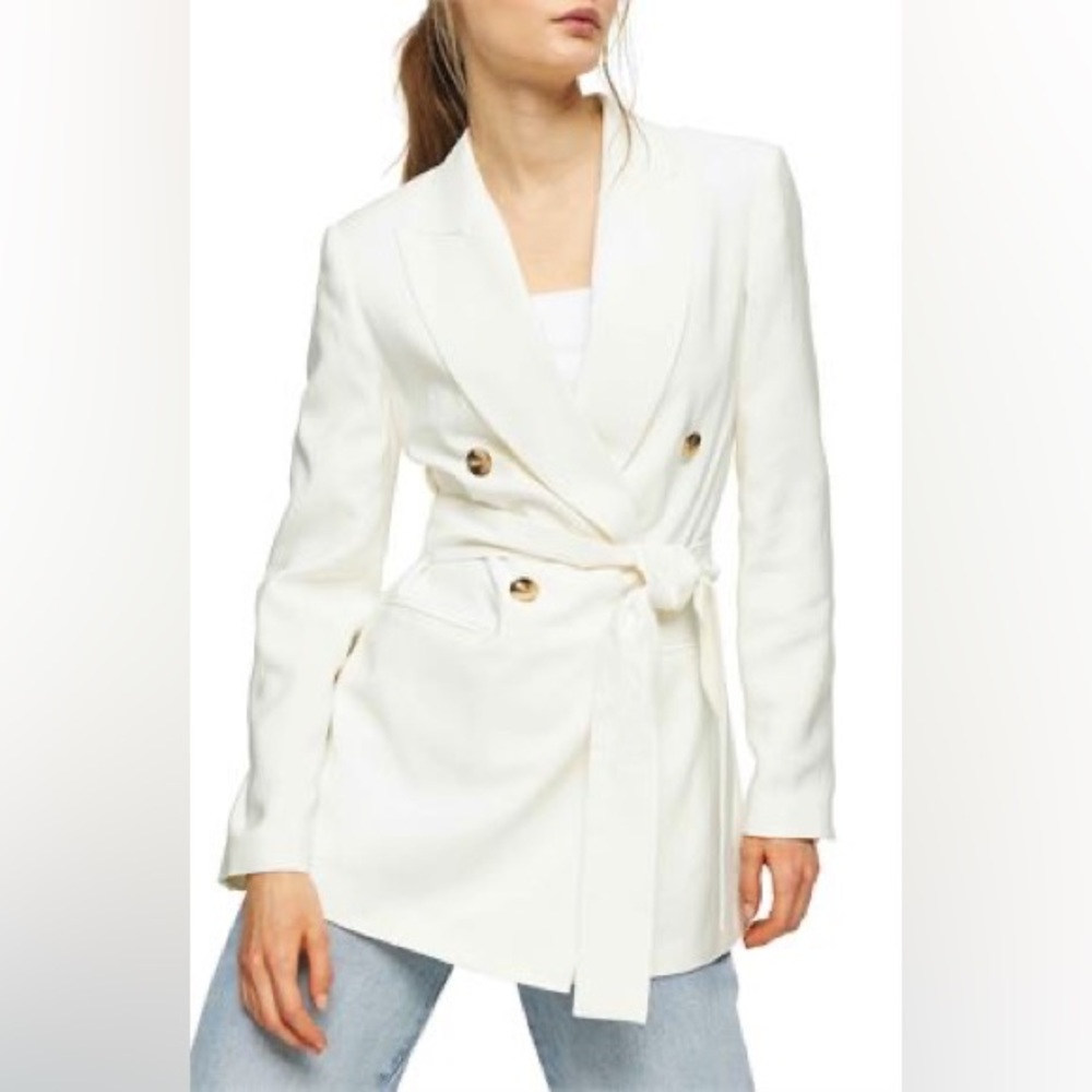 Topshop Women's Belted Twill Blazer, Size 10 Ivory